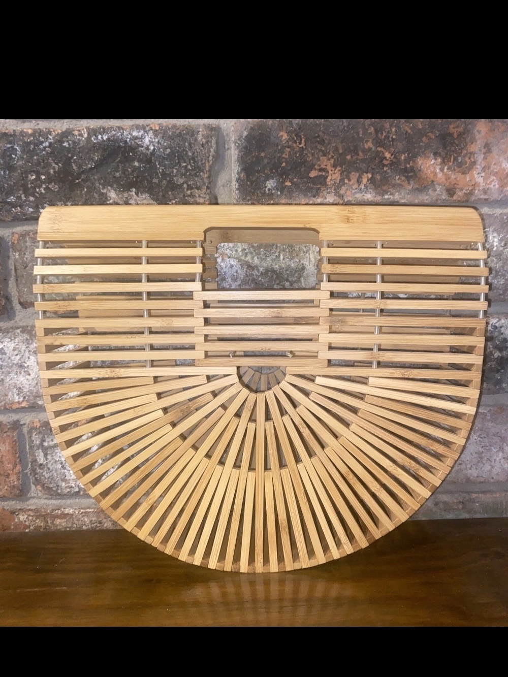 Half-Moon Bamboo Ark Bag Handle Natural Straw Wood Color Vacation Vibe Tropical